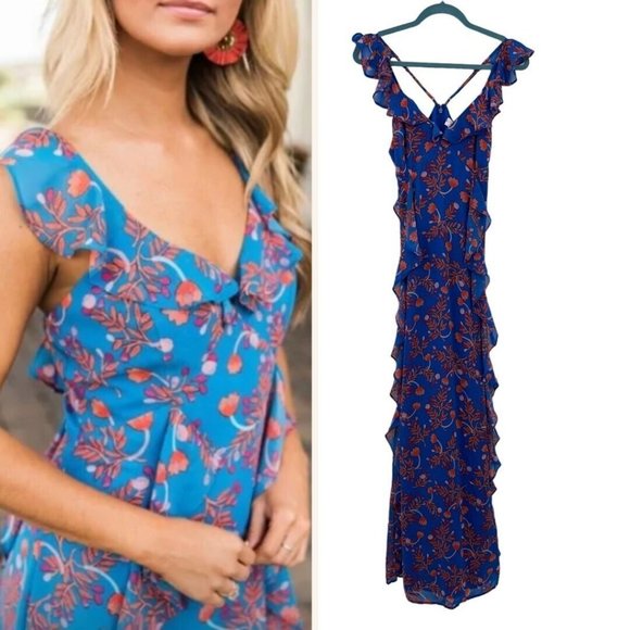 Pink Lily It’s Not A Dream Floral Maxi Dress sz S Basque Waist Flutter Ruffles - Picture 2 of 8